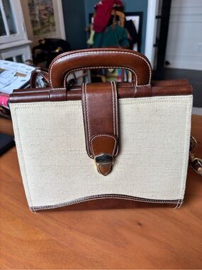 VTG Bags by Marlo Two-Tone Canvas & Brown Leather Top Handle Satchel with Strap